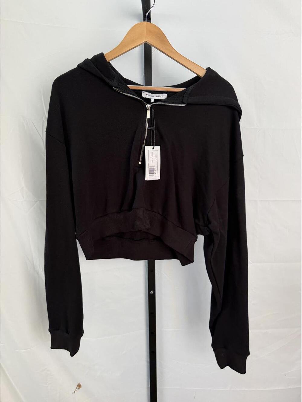 WeWoreWhat Black Cropped Hoodie Sweatshirt with Half-Zip XL